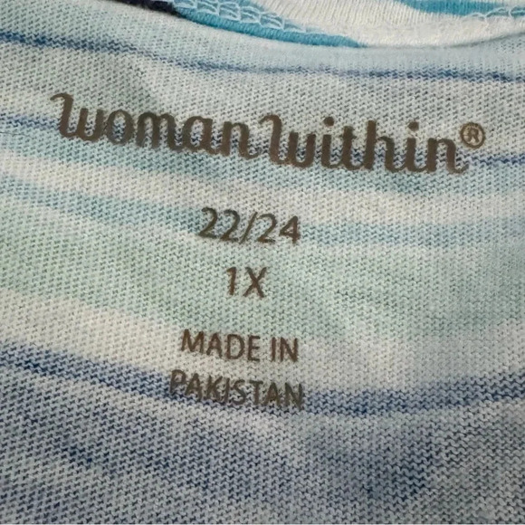 Woman Within 1X Shirt Top Blue Striped Short Sleeve Scoop Neck Cotton Blend Knit - Picture 5 of 7